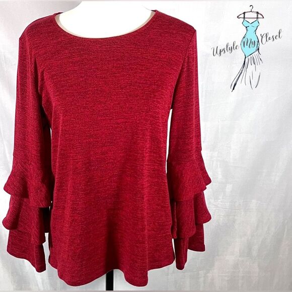 Style & Co long tiered sleeve red and black heathered knit top size small - Picture 2 of 7